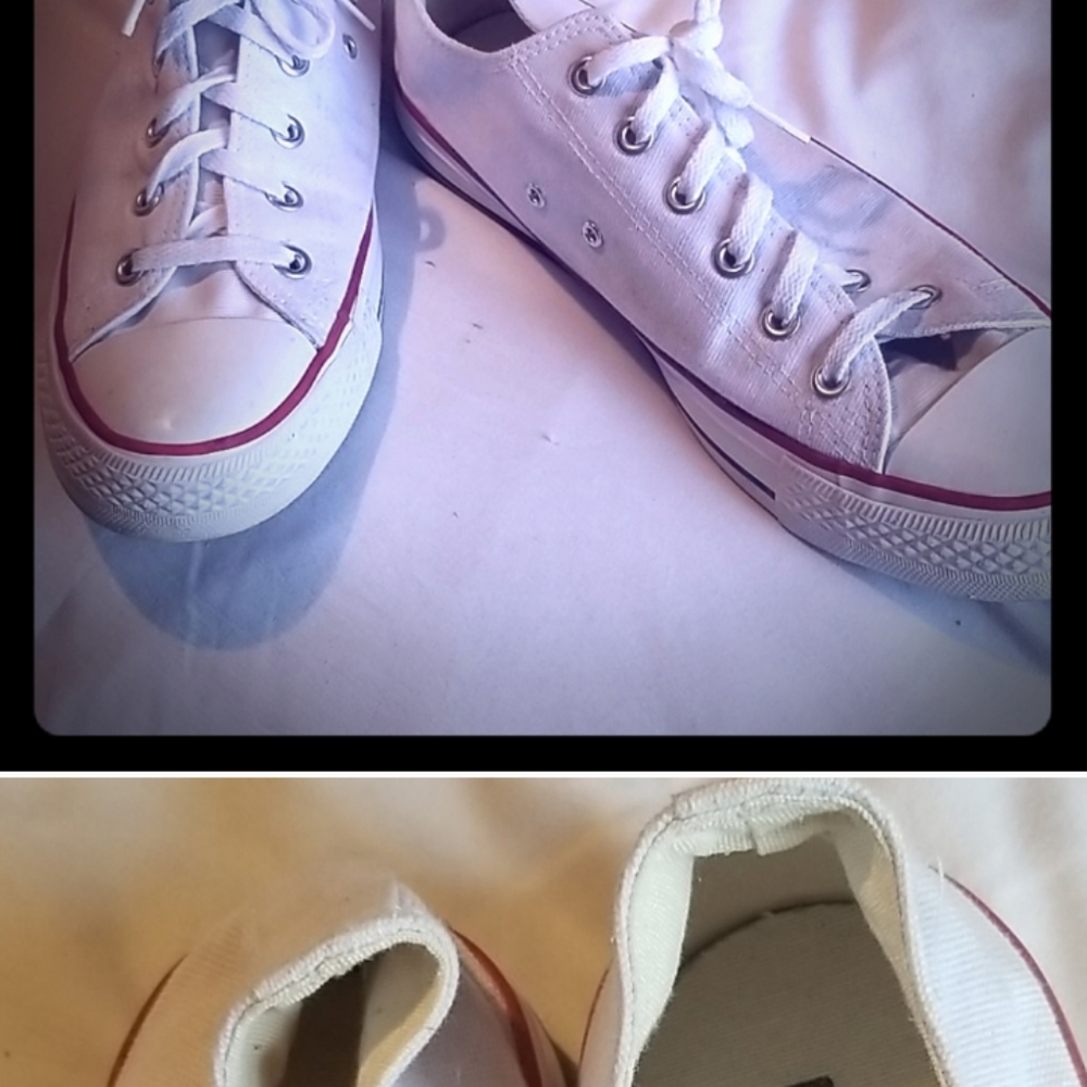 REPOSH White Converse with red and blue accents
